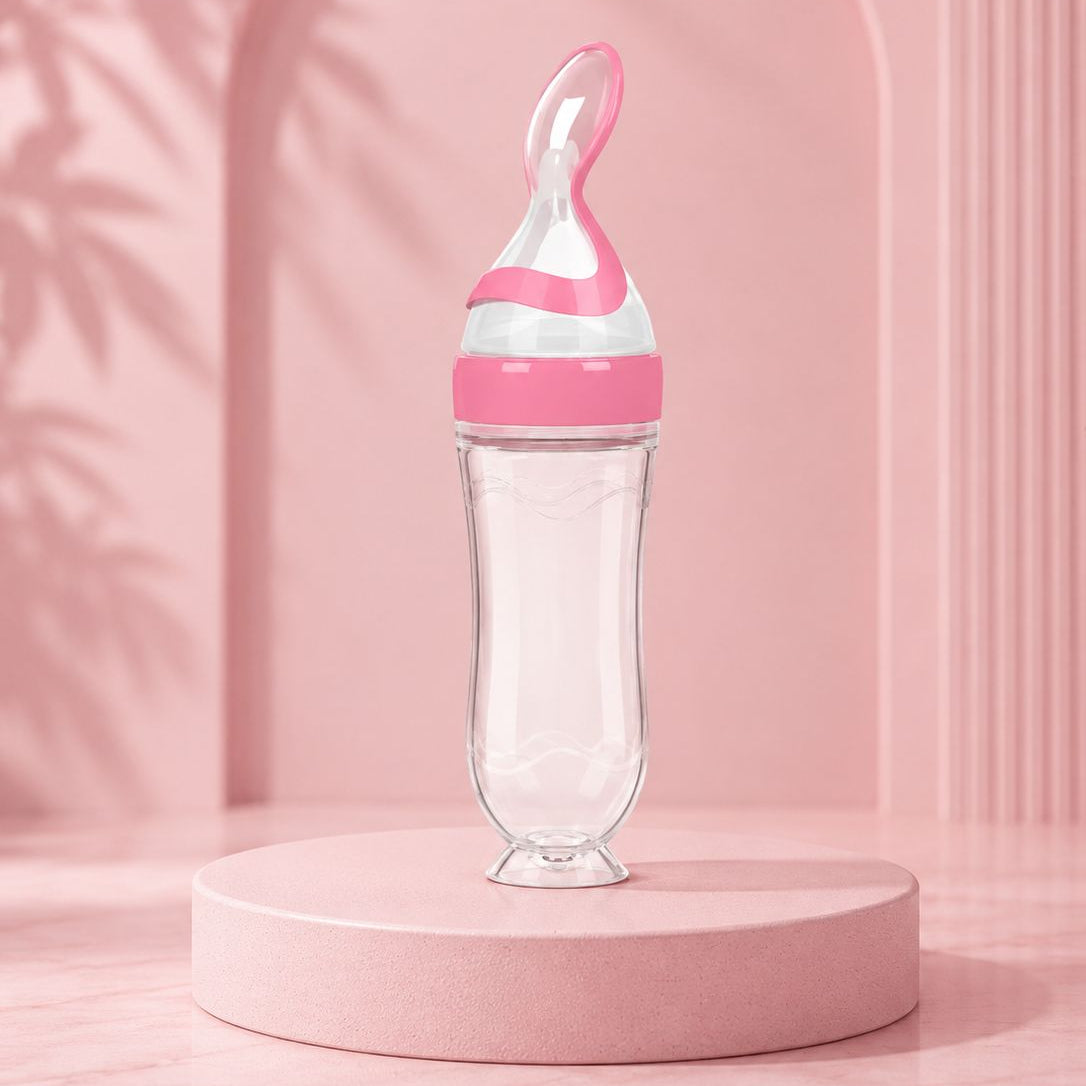 Silicone Baby Feeding Bottle with Spoon – Squeeze Feeder for Infants